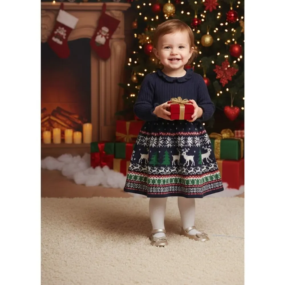Tahari Baby Girl Knit Dress Long Sleeve Christmas Reindeer Design Blue Size 24